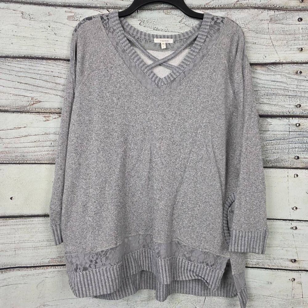 Maurices 1X Gray Lace Trim V-Neck Sweater - Picture 2 of 8